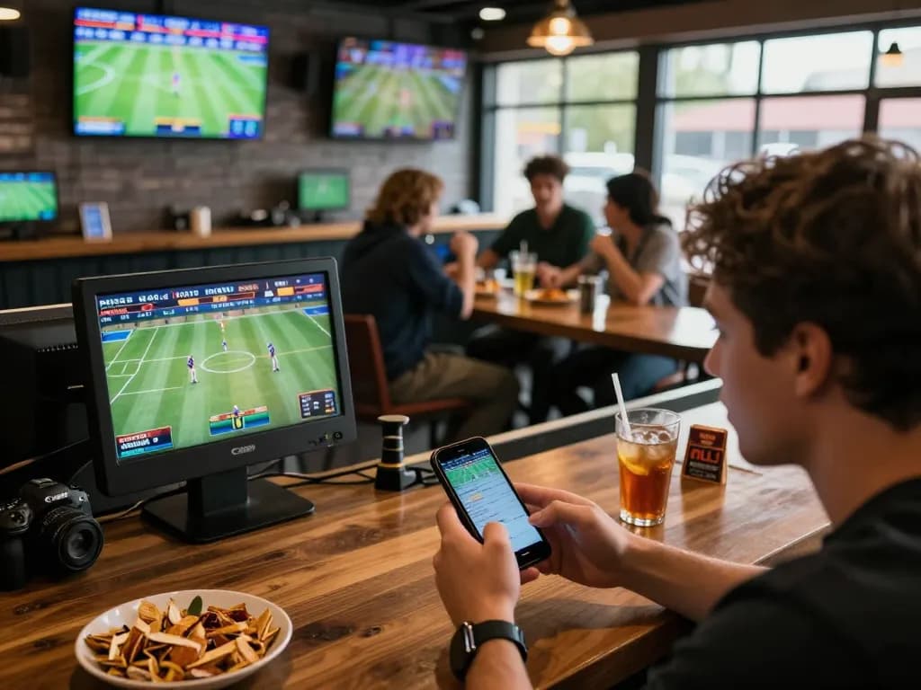 Engaged user betting on mobile app showcasing Thương hiệu fly88 in lively sports atmosphere.