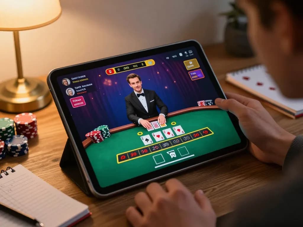 SC88 player placing strategic bets while engaging with live dealer blackjack on tablet in cozy home.