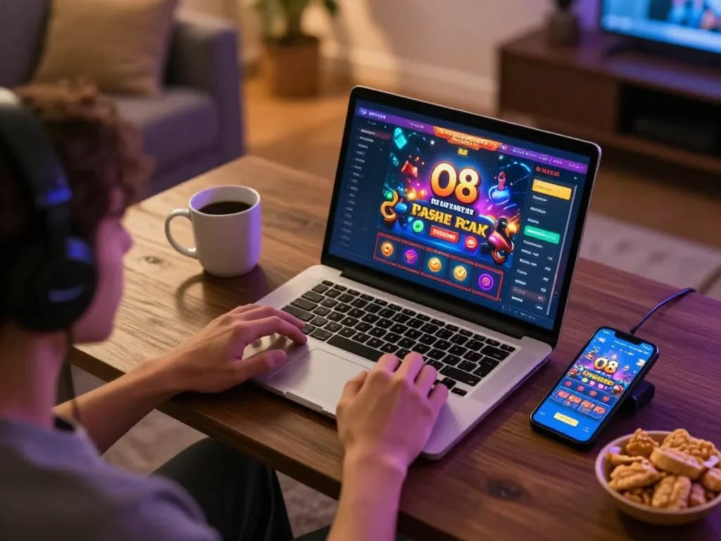 Player enjoying online casino games on O8 platform while sipping coffee in a cozy setting