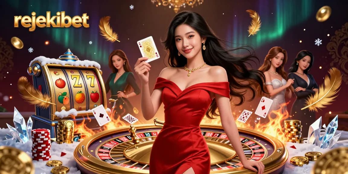 Rejekibet showcases a stunning young woman holding a golden card with vibrant casino elements.