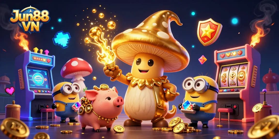 Play exciting games at Jun88 VN with a golden mushroom wizard, vibrant game elements, and stunning graphics.