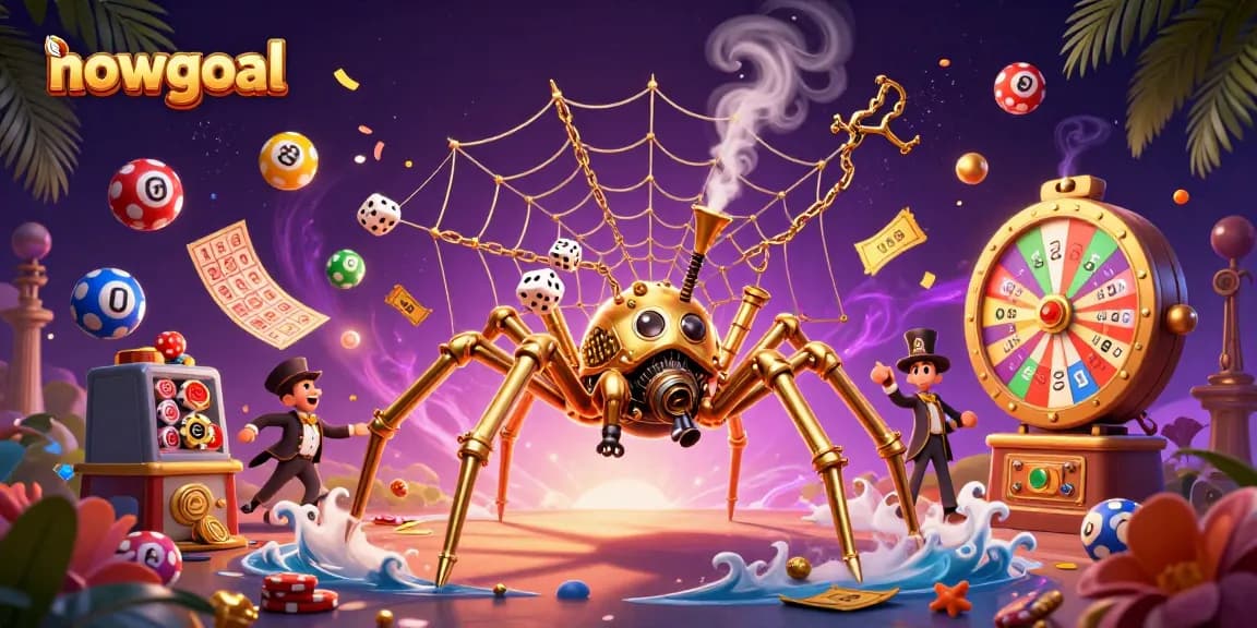 Win big with nowgoal as a 3D cartoon spider captures dice in its intricate golden web.