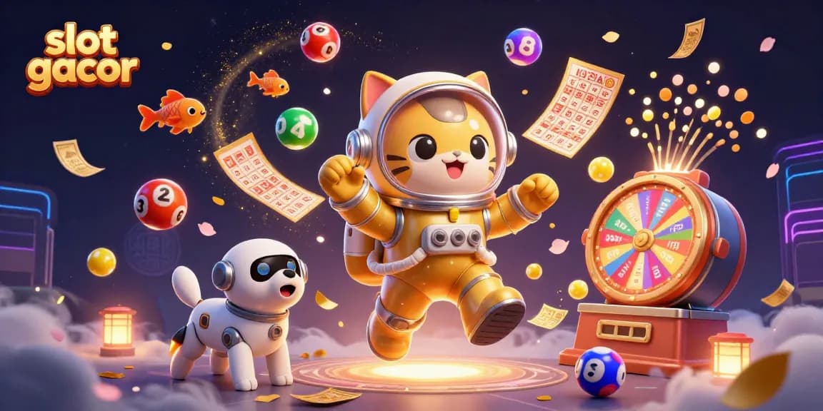 Engage with slot gacor as a 3D illustration of an astronaut cat and robot dog amidst vibrant casino elements.