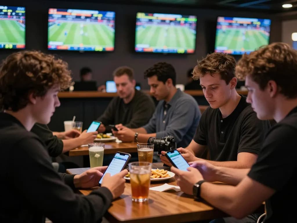 Engaging moment of friends using LGOGOAL app while enjoying a sports betting event.