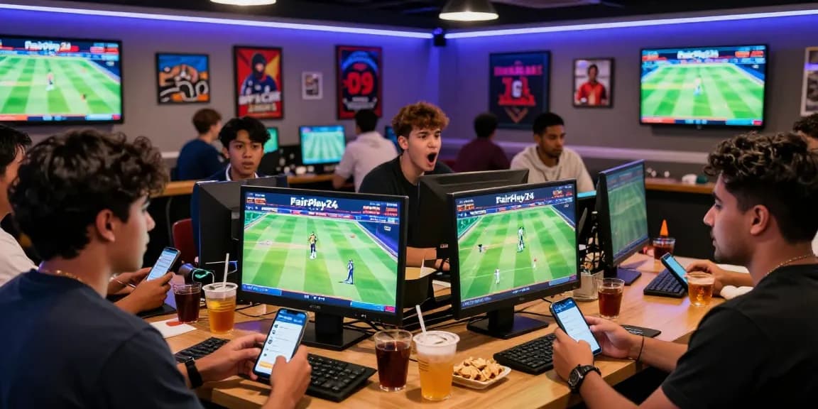 Exciting cricket betting scene showcasing Fairplay24 platform with young adults engaging in live matches.