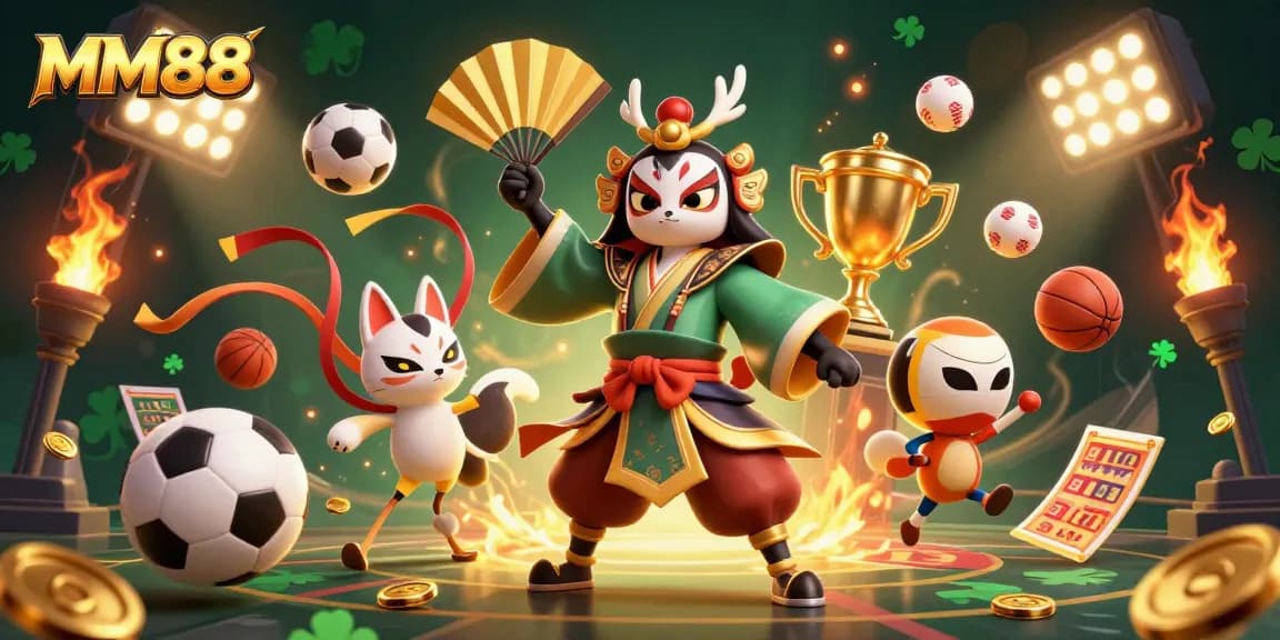 Experience thrilling wins with MM88 in a vibrant 3D casino scene filled with sports elements.