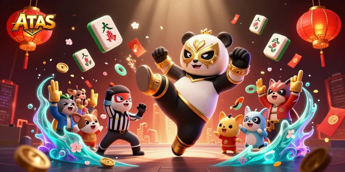 Experience excitement with ATAS, featuring a wrestling panda and lively animal crowd in a vibrant casino scene.