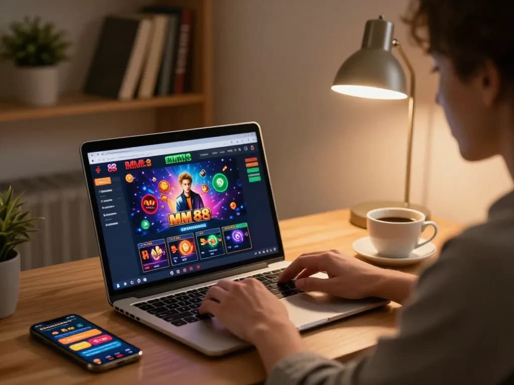 Engaging online gaming with MM 88 platform at home, capturing focused gameplay and a cozy atmosphere