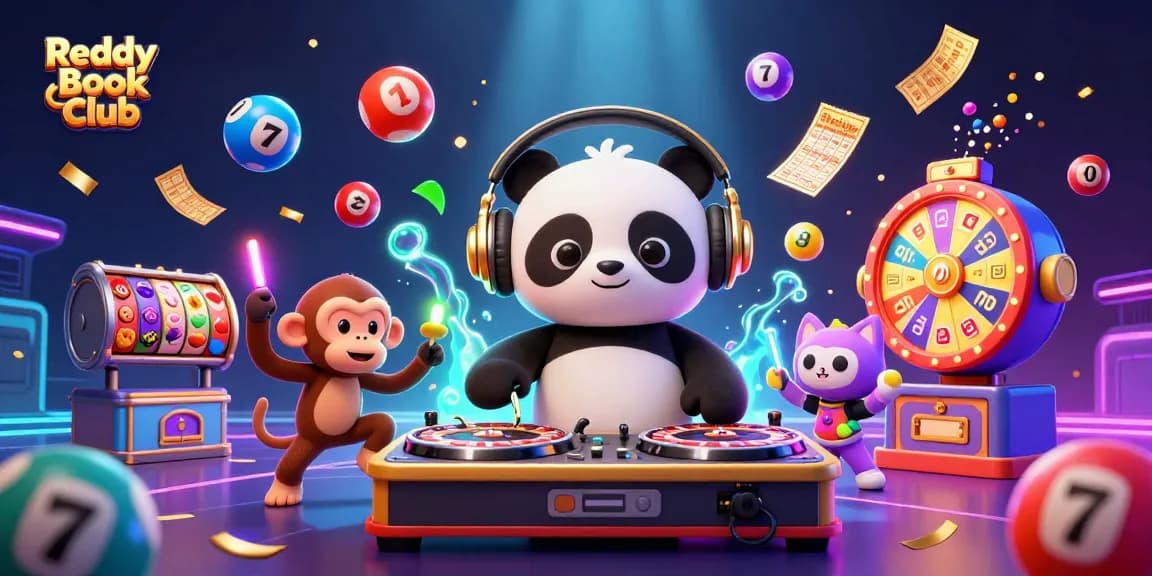 Reddy Book Club showcases a vibrant 3D casino scene with a DJ panda and dynamic gambling elements.