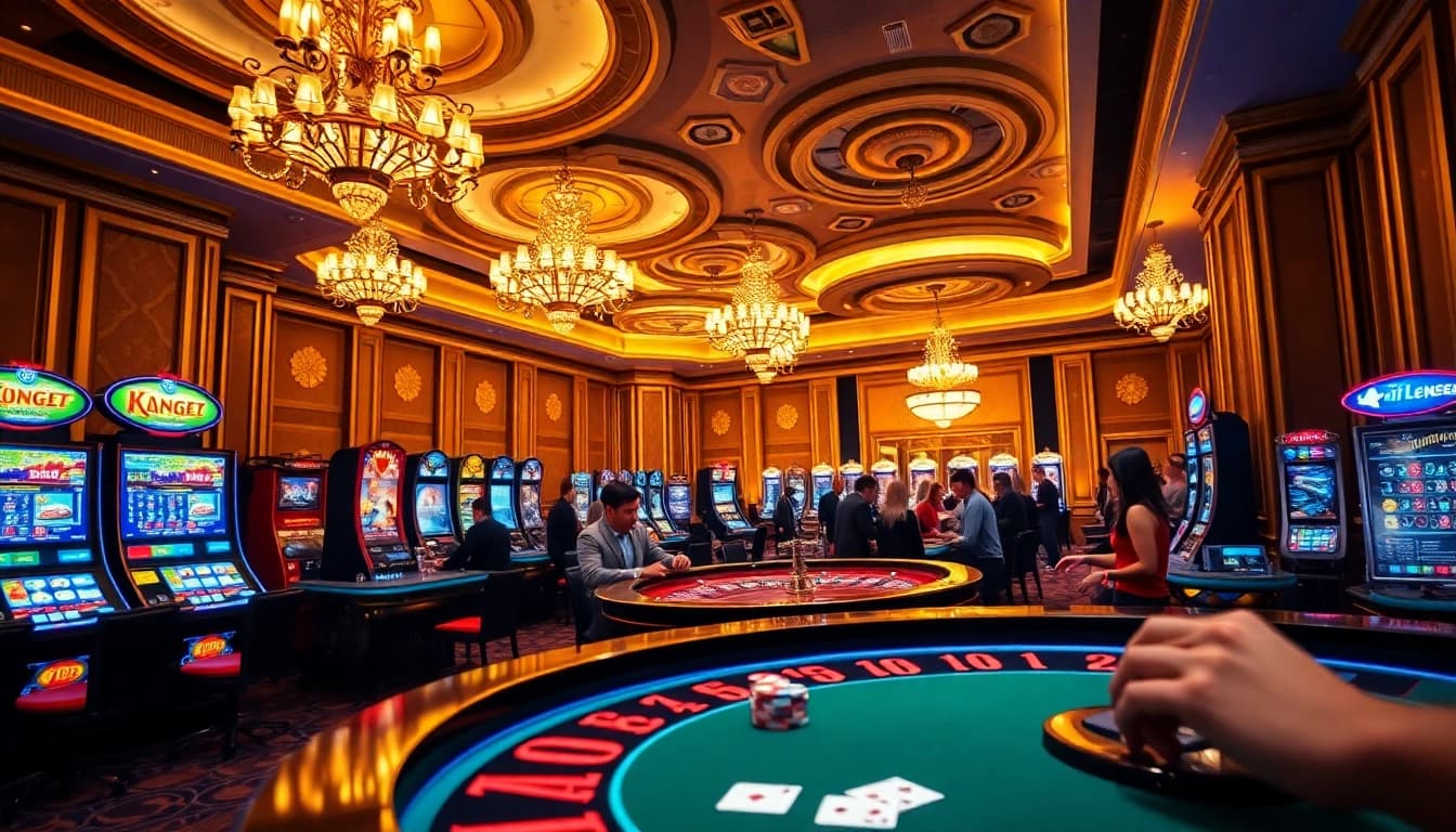Experience thrilling games at HM88 casino with vibrant roulette tables and colorful slot machines.