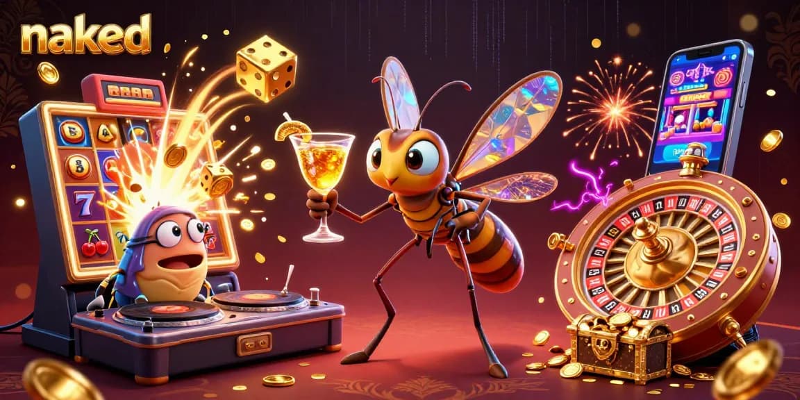 Experience the thrill of naked jackpots with a crowded casino scene featuring vibrant characters, coins, and roulette wheels.