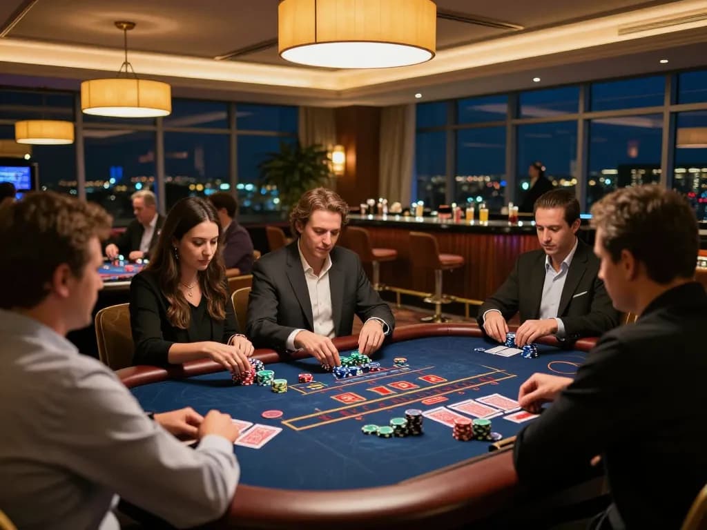 Engage with n188vip blackjack action in a luxurious casino setting, vibrant atmosphere