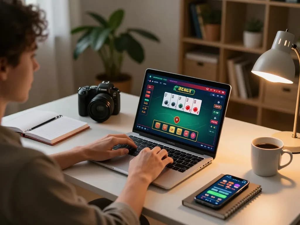 Gaming on say88 nhà cái with a laptop, showing poker strategies and relaxed atmosphere