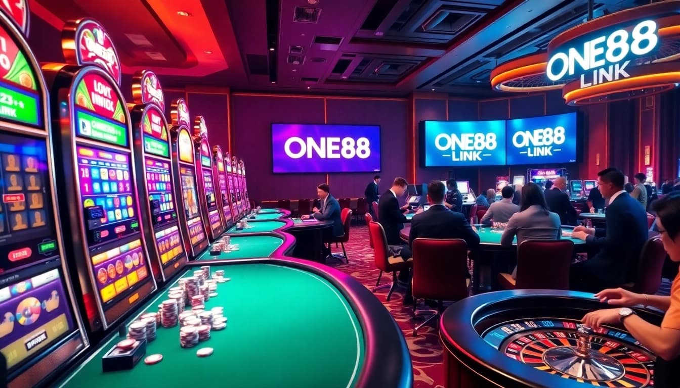 Experience the excitement of the casino with the ONE88 LINK featured prominently among vibrant slot machines.