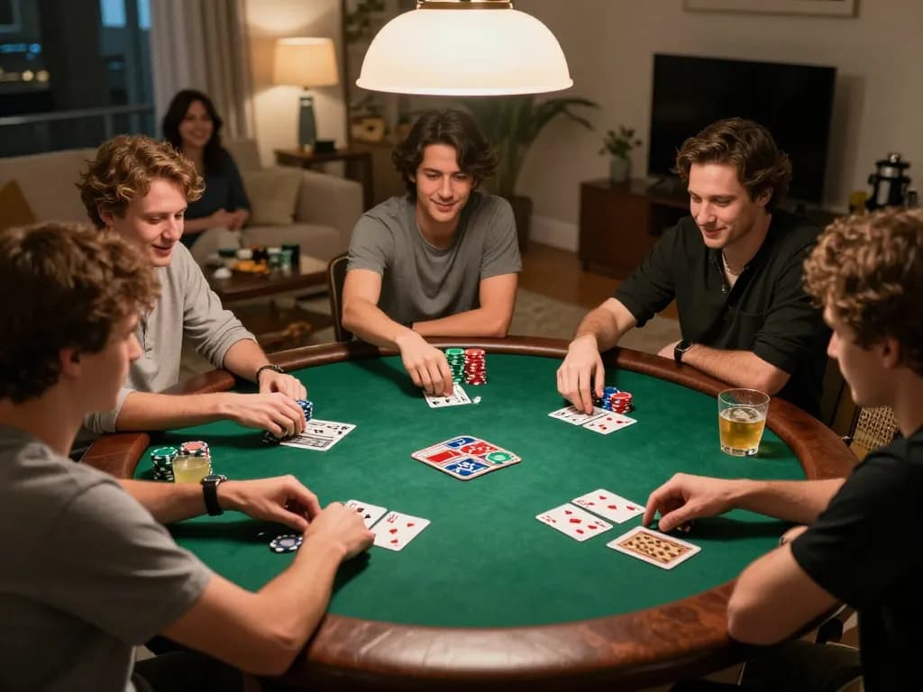 Players enjoying a heated poker game during a friendly night, showcasing mpoid strategy with colorful chips and cards.