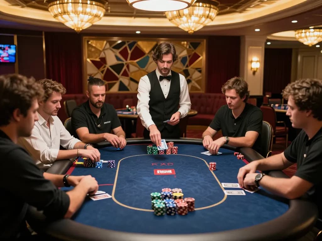 SC88E poker gameplay at an upscale casino with players engaged in intense strategy