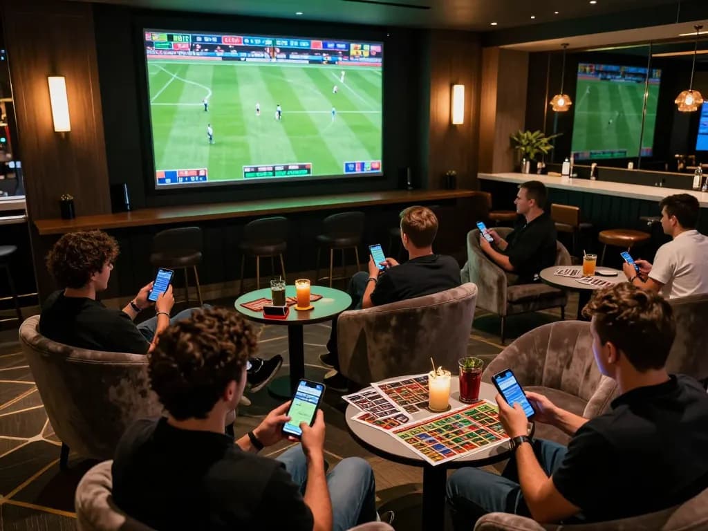Engaged bettors analyzing live matches on screens for 7m sports betting strategies