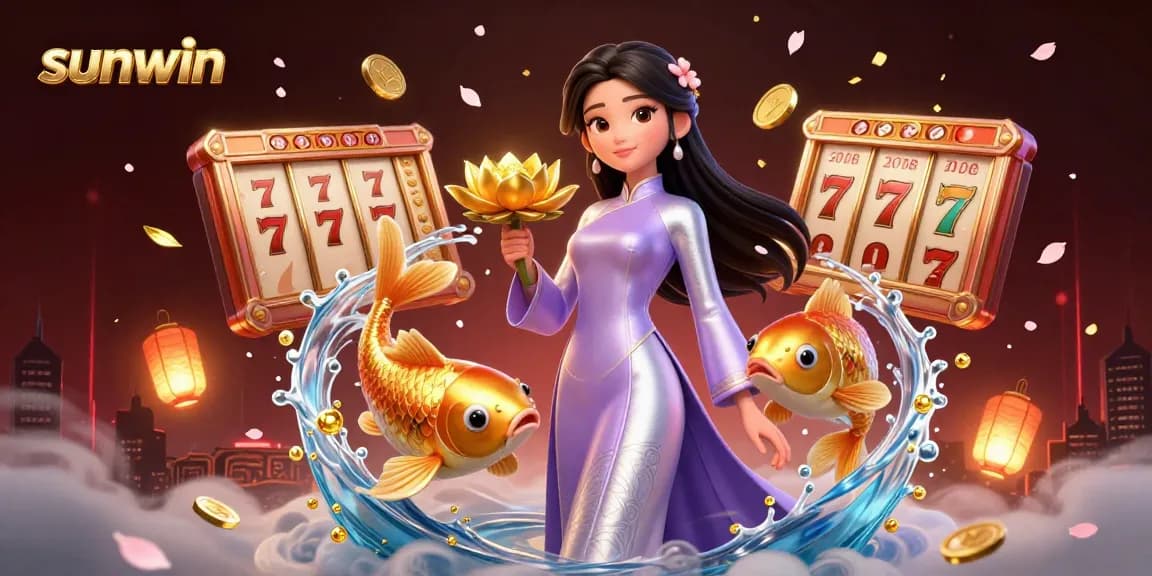 Experience the excitement of sunwin with a vibrant scene of a woman in traditional dress and dynamic casino elements.