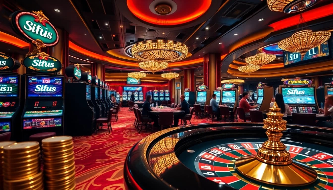 Situs 11 players enjoying high-stakes excitement at a luxurious casino gaming floor.