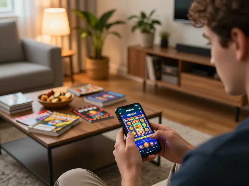 Aplikasi NAVY4D ditampilkan di smartphone selama sesi permainan online yang menarik di setting rumah yang nyaman
