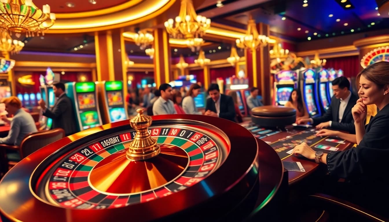 Experience the thrill of raja luck with vibrant casino elements, including poker chips and a spinning roulette wheel.