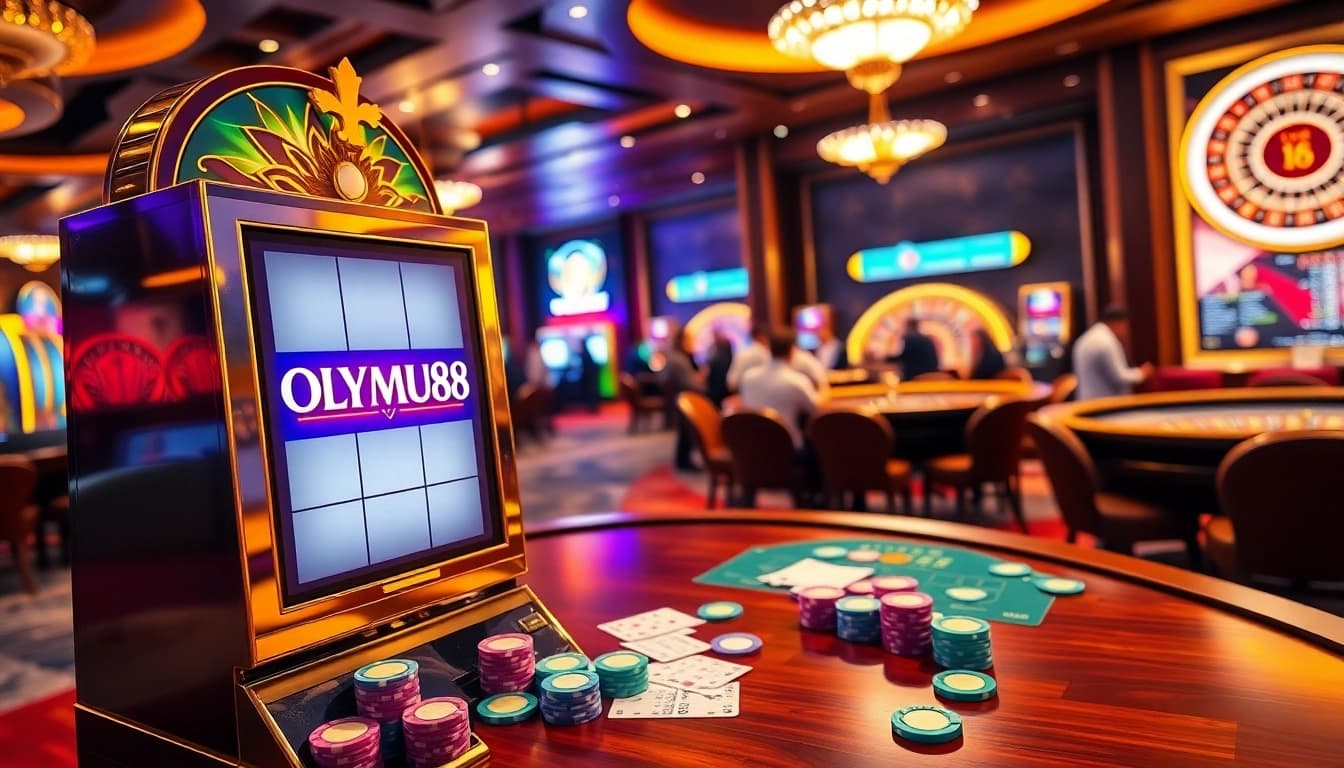 Spin the OLYMPUS88 slot machine amidst a vibrant casino atmosphere filled with excitement.