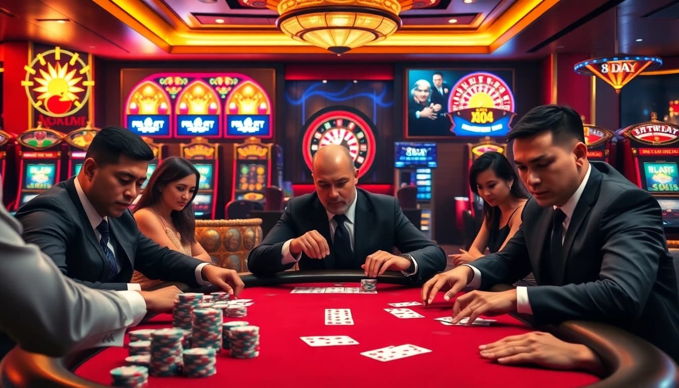 Exciting scene of players at 8DAY casino poker table, surrounded by vibrant slot machines.