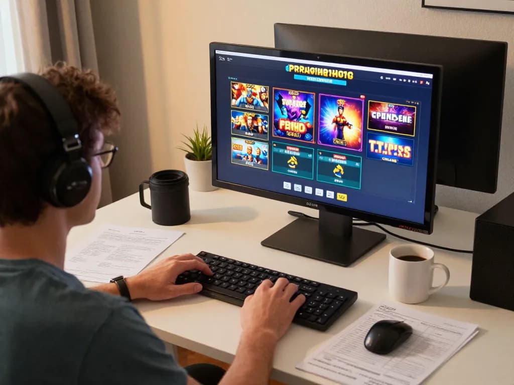 Engaging with Pragmatic Slot games on a computer during evening gaming session at home.