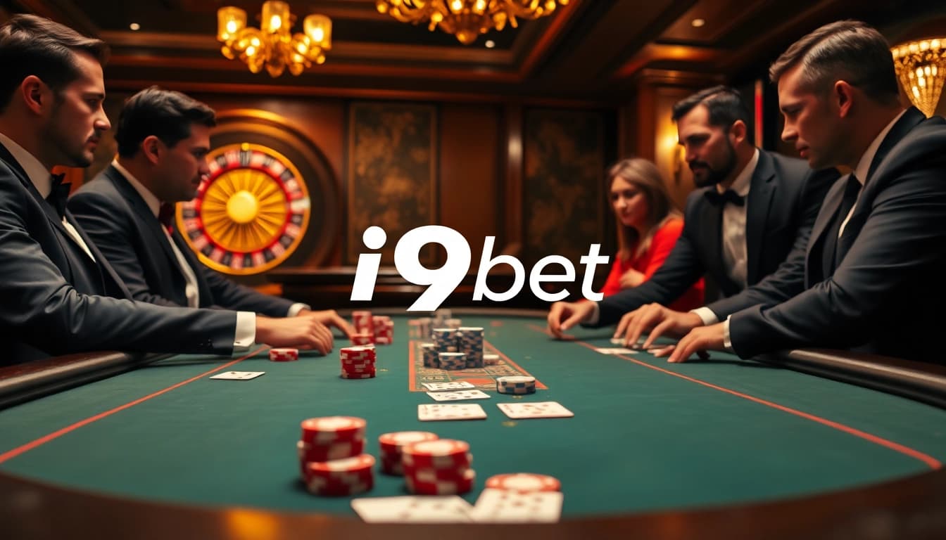 Engage in thrilling poker action with i9bet chips and cards at a luxurious casino table.