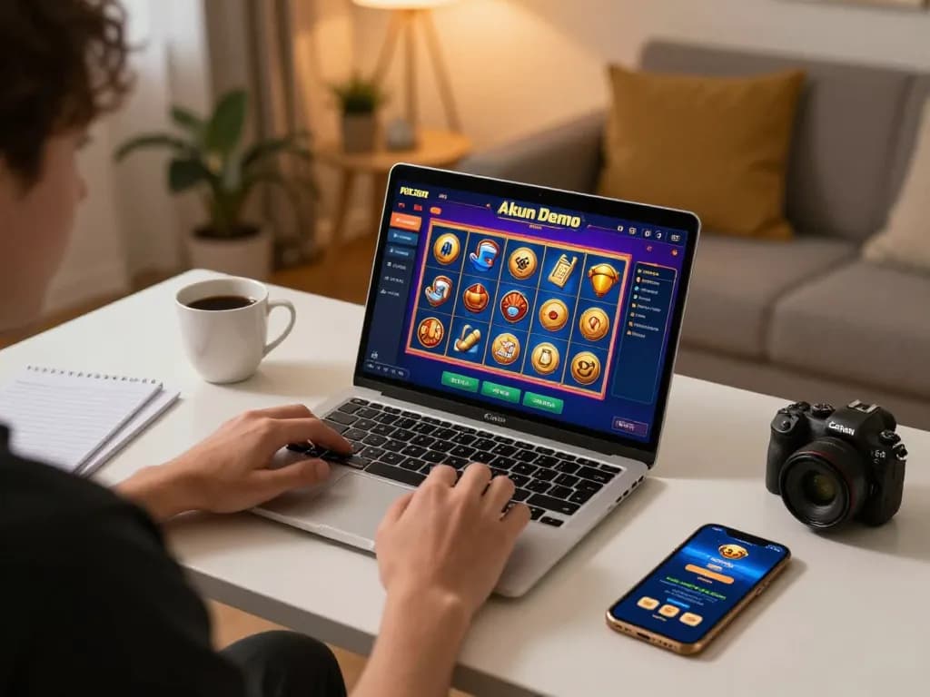 Permainan Akun Demo PG Soft di layar laptop menunjukkan grafik slot yang vibrant untuk permainan online.