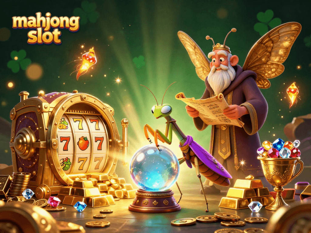 Play the mahjong slot and unlock treasures in this vibrant casino illustration.