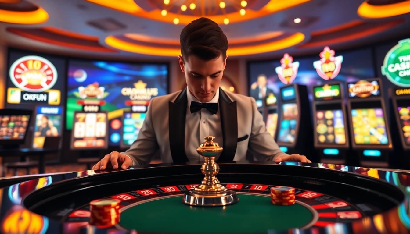 Experience thrilling casino action with OKFUN's vibrant gaming interface and luxury decor.