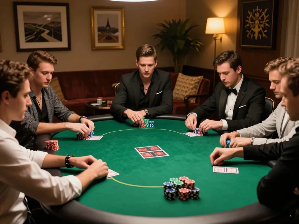 Engaged players strategizing at a high-stakes poker table in sky88 premium gaming environment.