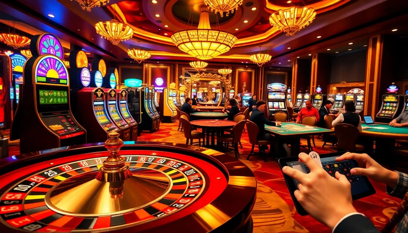Experience top gaming excitement with link sepuhplay in this vibrant casino scene featuring roulette and poker tables.
