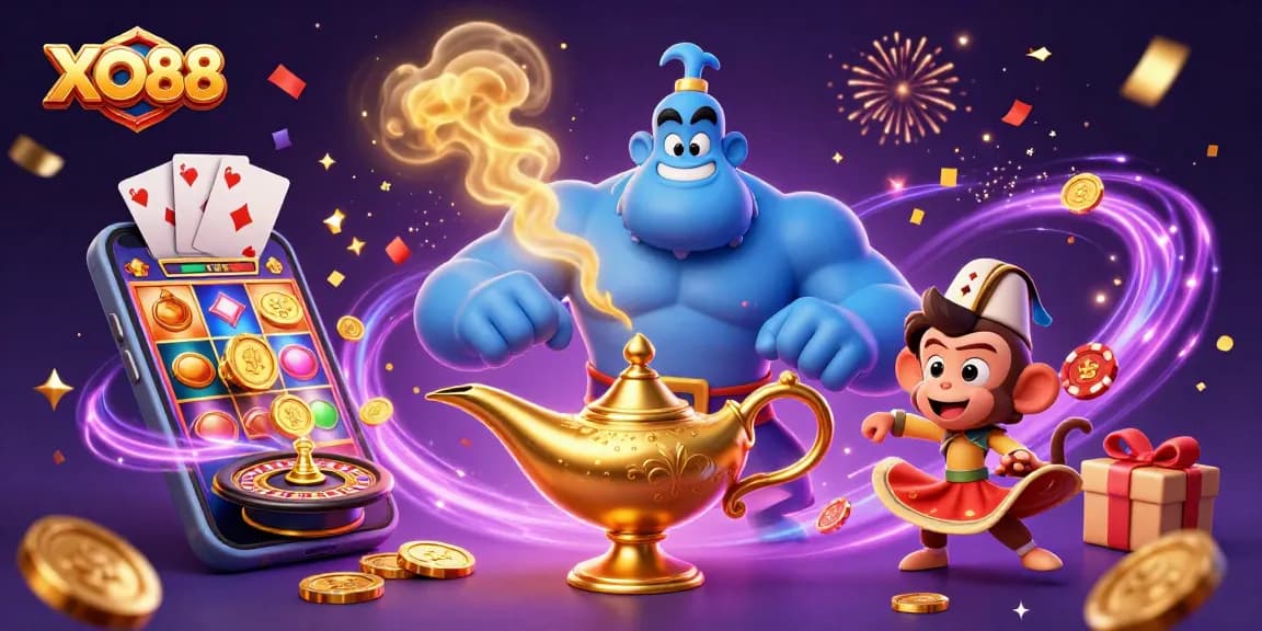 Experience the thrill of XO88 with a magical illustration featuring a genie, poker chips, and slot games.