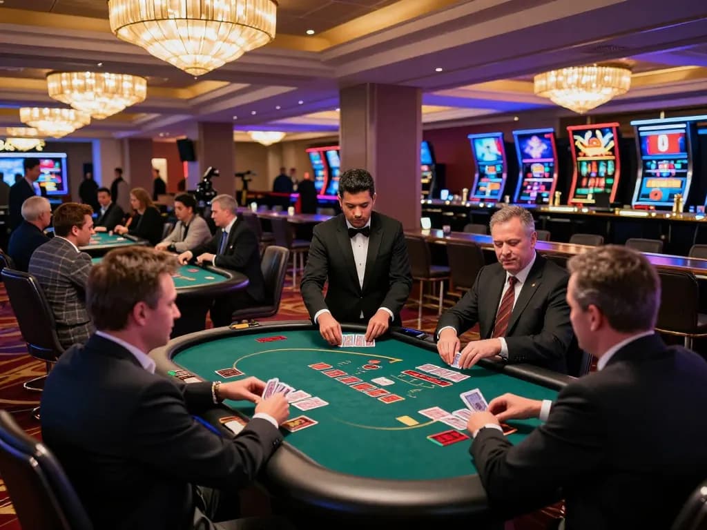 Players enjoying intense gameplay at Nhà Cái FB88 blackjack tables, showcasing strategy and excitement.