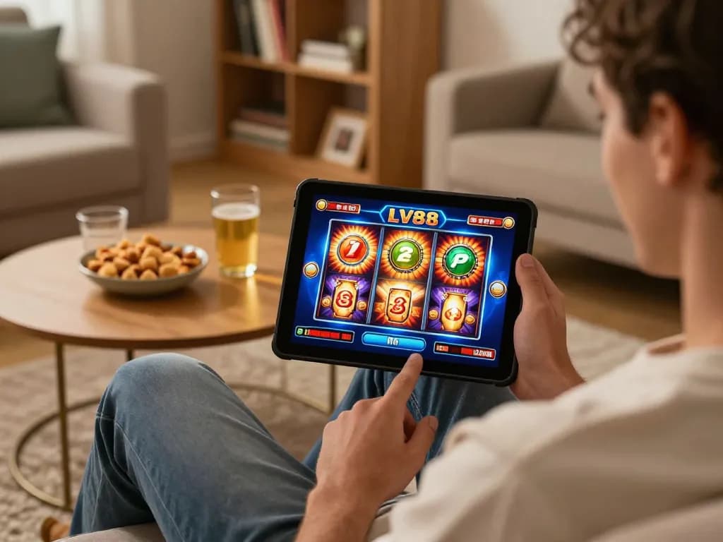 Player enjoying LV88 slots on tablet at home, showcasing comfortable gaming atmosphere.