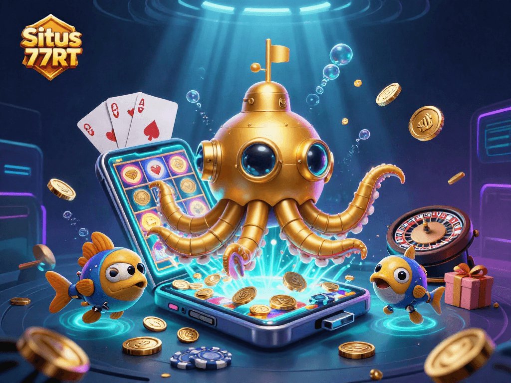 Situs 77RT invites players to engage with a vibrant casino scene featuring a golden kraken and mechanical fish.