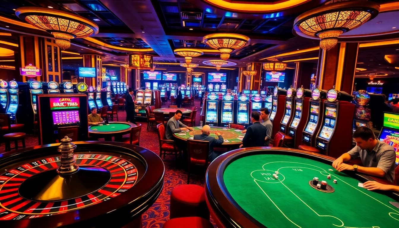 Players enjoying the thrilling atmosphere at sodocasino, filled with vibrant slot machines and poker tables.