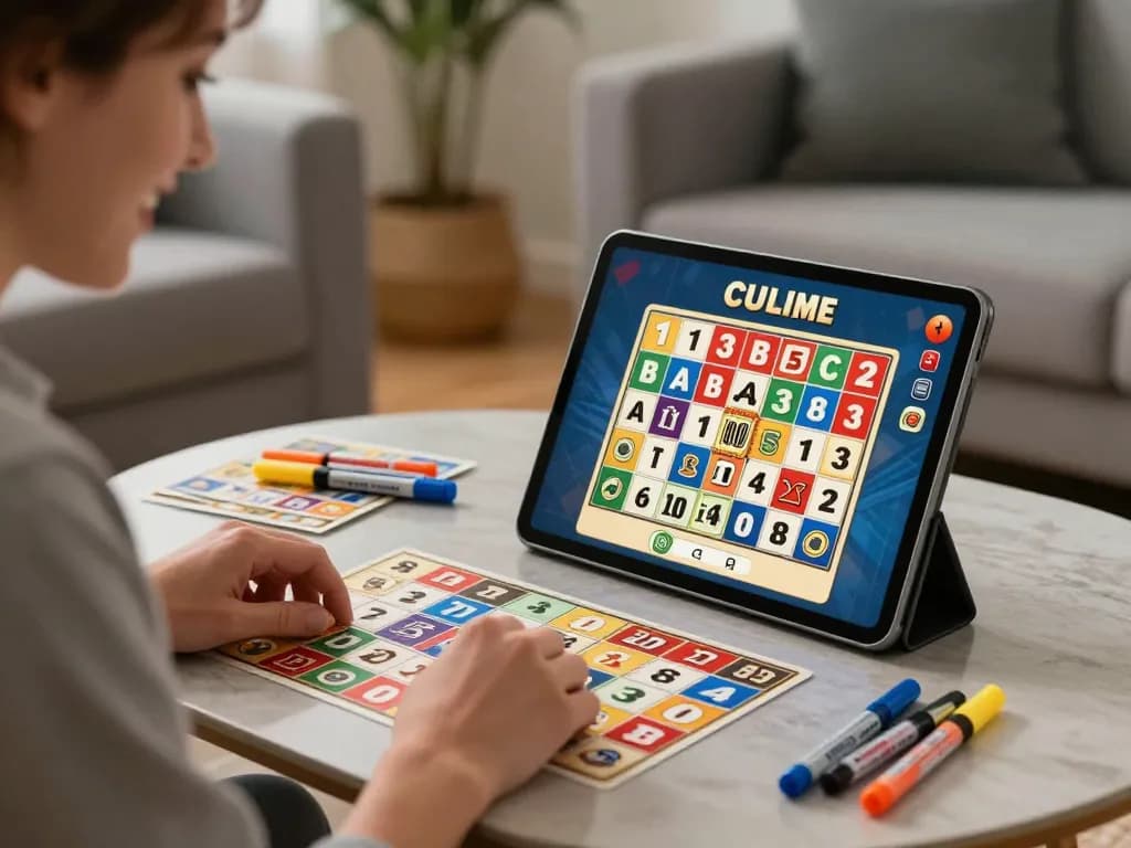 megaplus88 online bingo session on a tablet, player smiling with colorful cards around