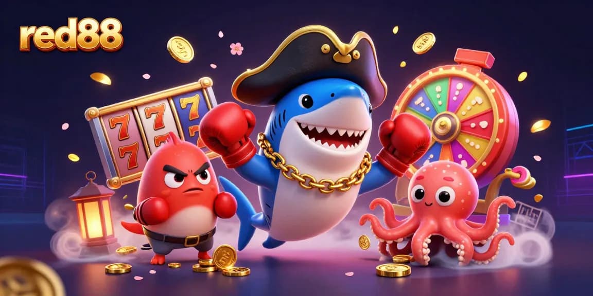 Engage with red88's thrilling gaming scene, featuring lively characters and dynamic slot elements.