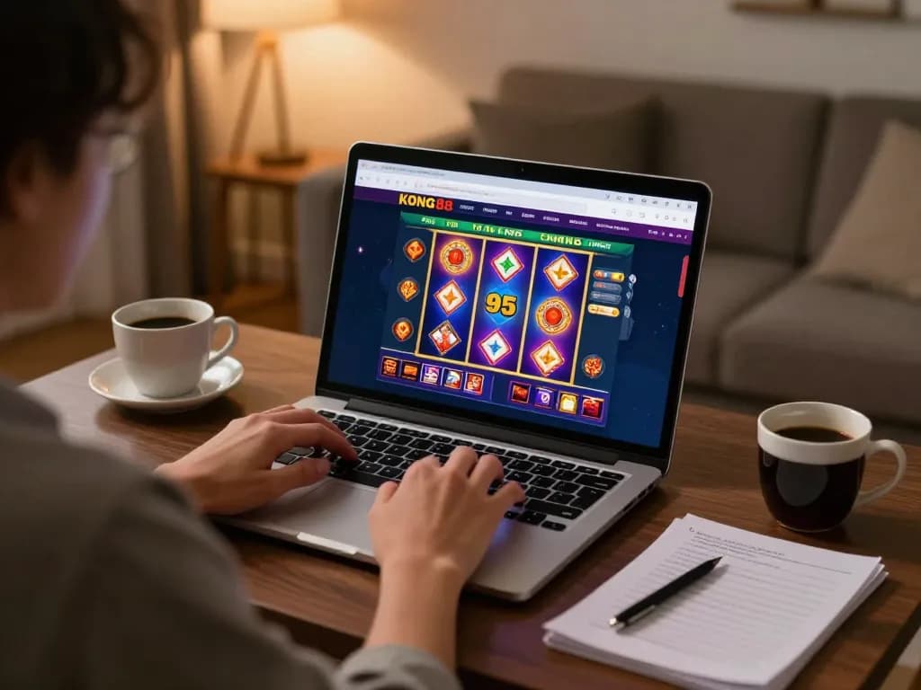 KONG88 gaming experience with a user at home engaging in online casino slots.