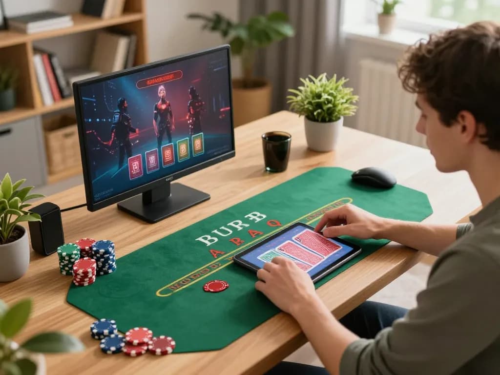 Player enjoying blackjack on tablet in cozy setting, showcasing tg88 online gaming experience