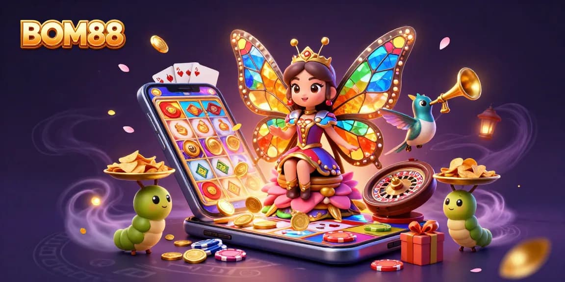 BOM88 engages bettors with a vibrant scene featuring a butterfly queen amidst casino games and gold.