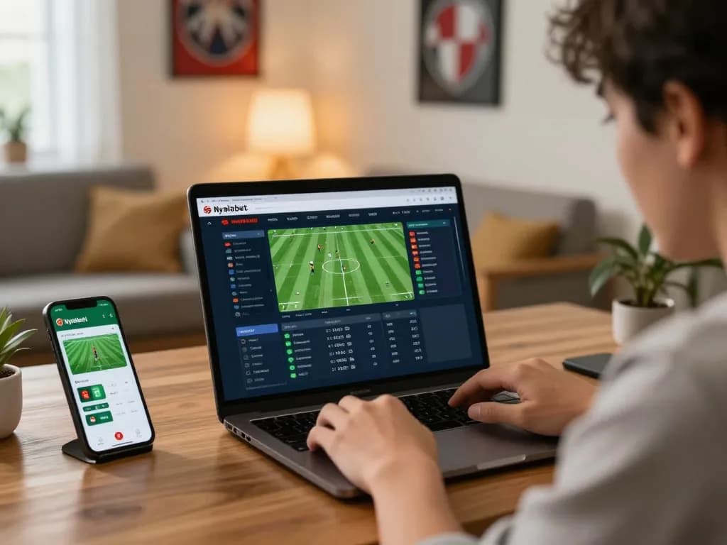 Nyalabet user analyzing sports betting odds on a laptop in a cozy home office setup.