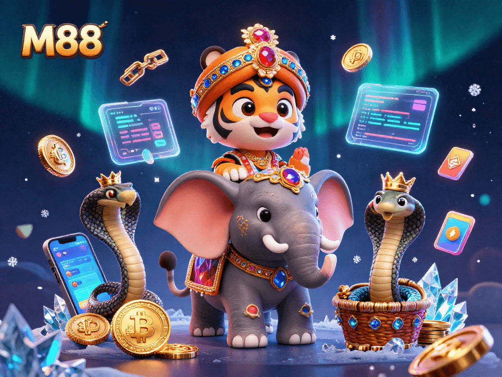 M88 showcases thrilling gaming adventures with a tiger maharaja and crypto elements.