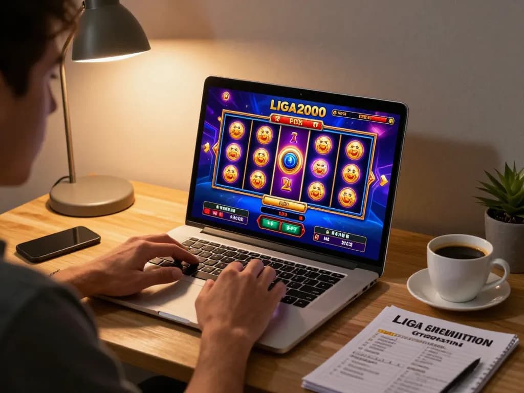 LIGA2000 slot action at home with player immersed in online gaming experience.