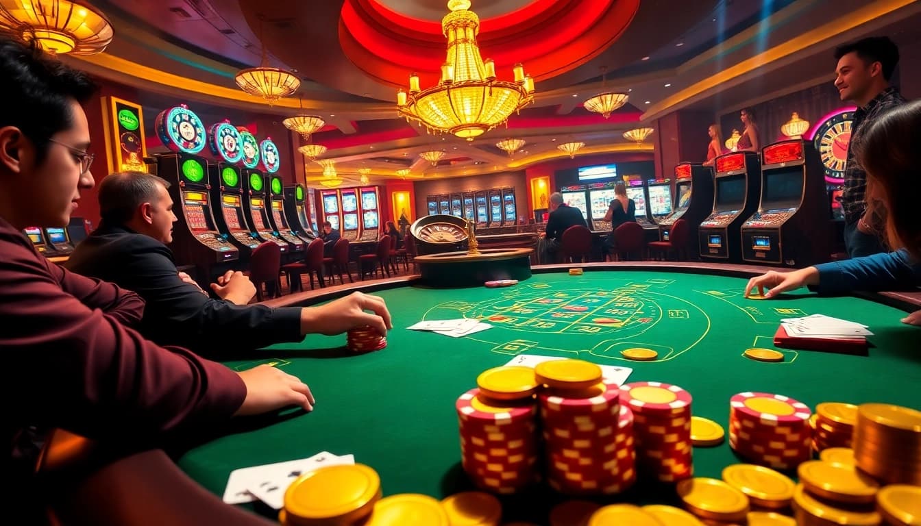 Engaging scene of game đánh bài đổi thưởng at a luxurious casino table with players eagerly betting.