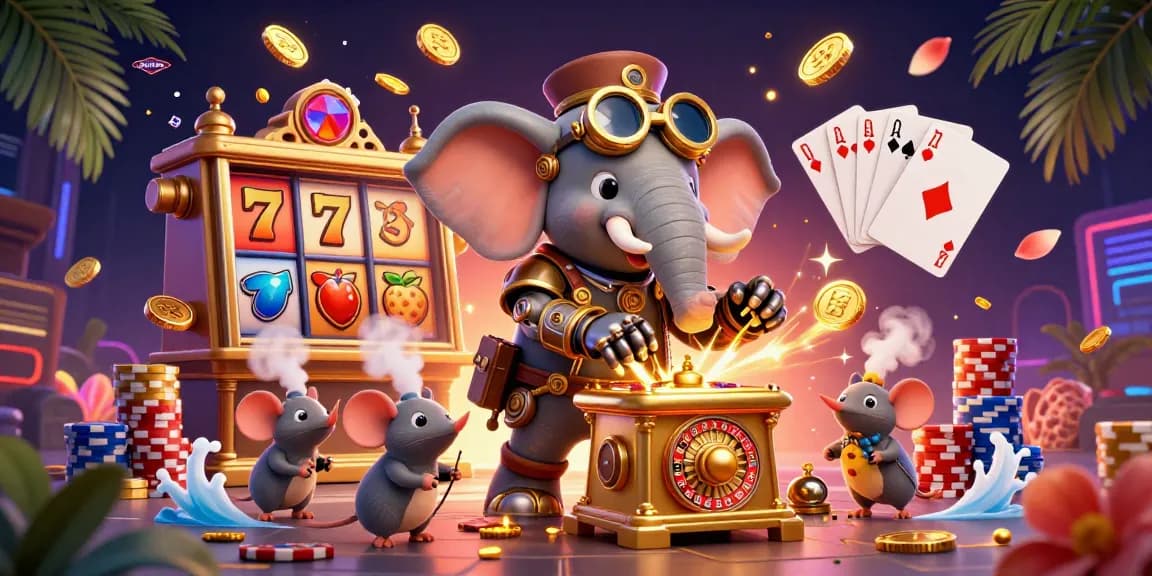 Engage with net88z's thrilling slot adventure featuring vibrant 3D illustration of a steampunk elephant and cascading coins.