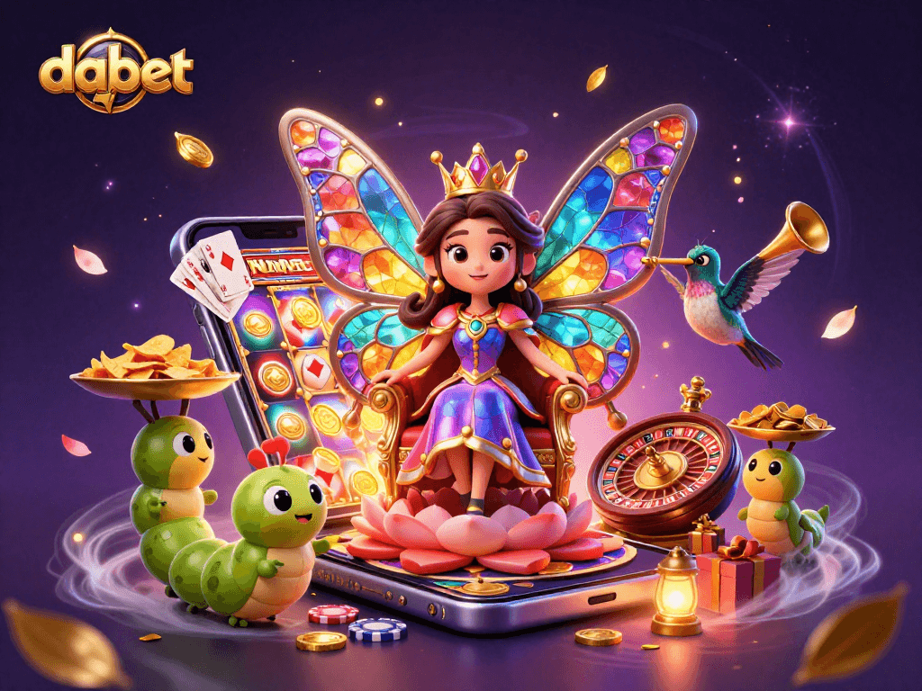 dabet showcases a vibrant online casino scene with a butterfly queen, chips, and games in action